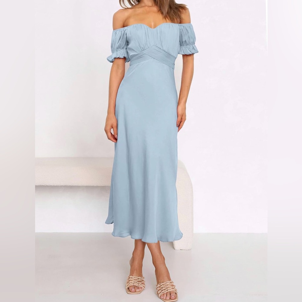 Elegant Blue Satin Midi Dress